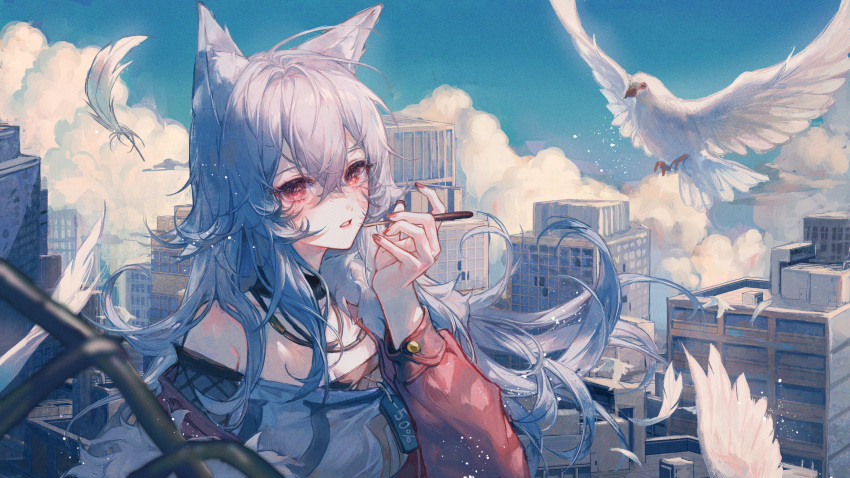 1girl animal_ear_fluff animal_ears antenna_hair bangs bird breasts city cleavage cloud collar feathers fingernails food highres jewelry lips long_hair looking_at_viewer maccha_(mochancc) medium_breasts nail_polish necklace original parted_lips pocky price_tag red_eyes red_nails sidelocks silver_hair sky wolf_ears wolf_girl