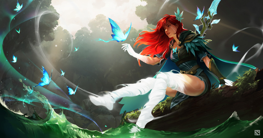 1girl absurdres arm_guards artist_request belt belt_buckle bow_(weapon) breasts buckle bug butterfly cape clasp crystal defense_of_the_ancients dota_2 ears feathers forest gloves hair_ornament highres insect lips log logo long_hair looking_at_animal medium_breasts moss nature nose nostrils official_art outstretched_arm outstretched_legs parted_lips partly_fingerless_gloves red_hair rock shoulder_pads sitting solo too_many_butterflies underbust wallpaper water waves weapon wind windranger_(dota) yugake