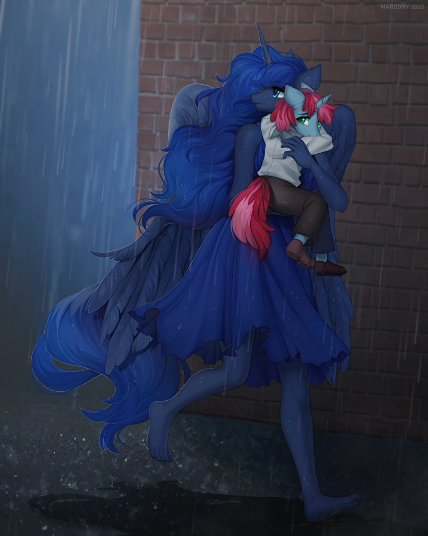 2020 5_fingers 5_toes anthro clothed clothing detailed_background digital_media_(artwork) duo equid equine eyebrows eyelashes female fingers friendship_is_magic hi_res horn mammal margony my_little_pony outside princess_luna_(mlp) raining toes unicorn