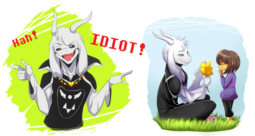 2016 ambiguous_gender anthro asriel_dreemurr_(god_form) boss_monster bovid caprine clothing flower fur gesture grass hi_res human jewelry kiuki-10 male mammal necklace plant pointing protagonist_(undertale) robe simple_background sitting smile undertale video_games white_body white_fur