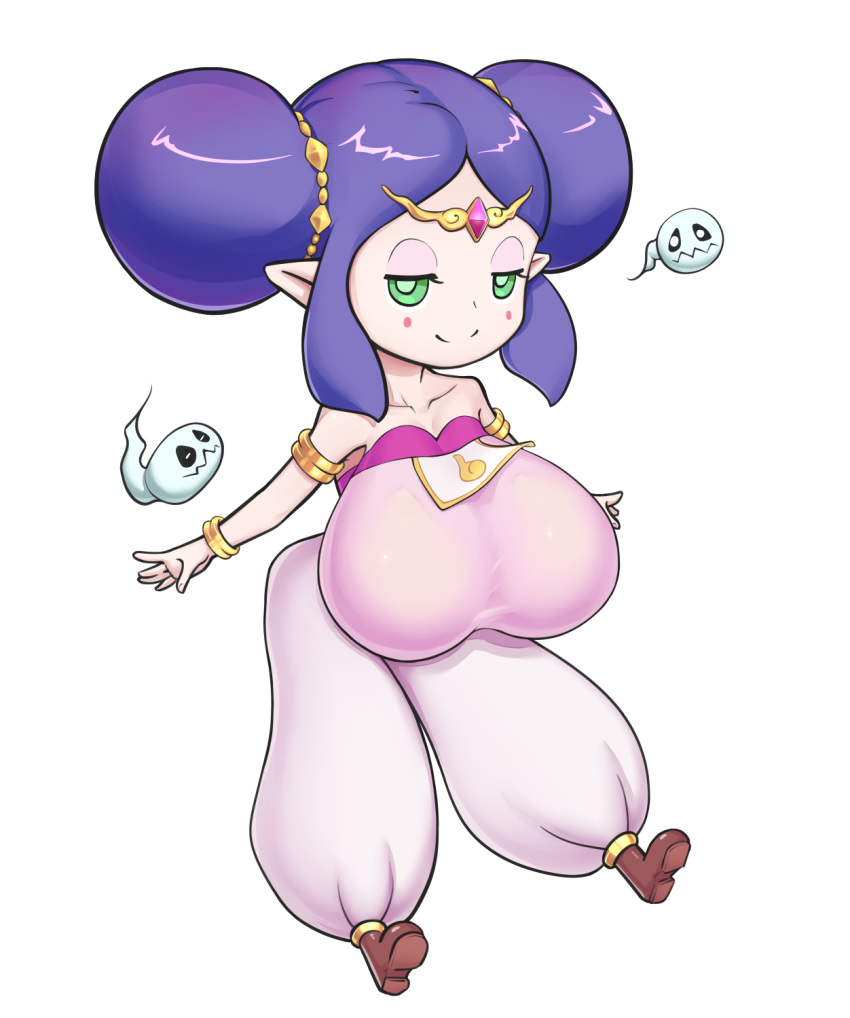 1girl alternate_breast_size baggy_pants bare_shoulders breasts collarbone double_bun ghost green_eyes half-closed_eyes highres huge_breasts jewelry lisden looking_at_viewer naughty_face oppai_loli pandora_(youkai_watch) pants pointy_ears purple_hair simple_background smile solo_focus white_background youkai youkai_watch