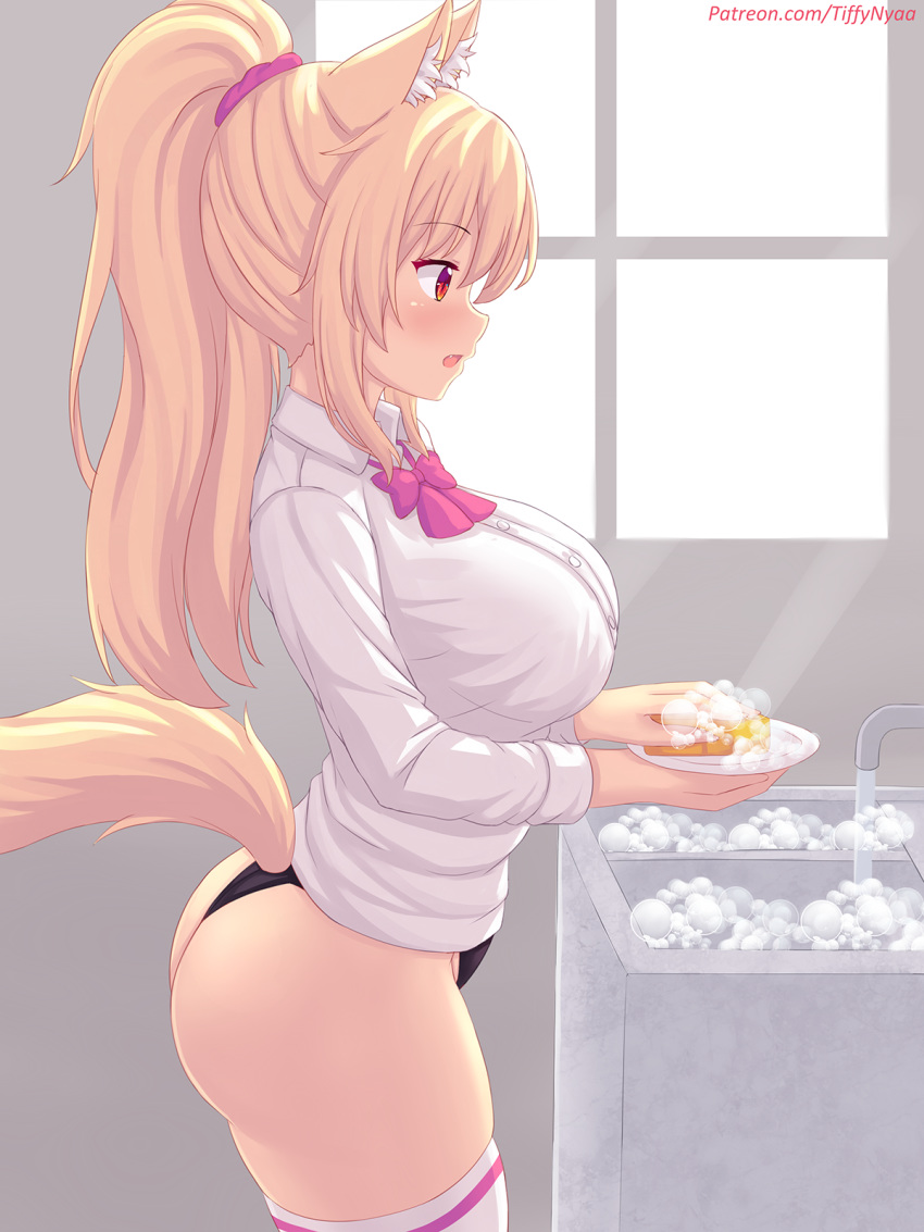 1girl animal_ears ass bangs black_panties blonde_hair blush breasts cat_ears cat_tail commentary cowboy_shot dishwashing english_commentary eyebrows_visible_through_hair fang faucet from_side high_ponytail highres large_breasts long_hair looking_away nottytiffy open_mouth original panties ponytail profile red_eyes sink solo standing tail thighhighs tiffy_(nottytiffy) underwear watermark web_address