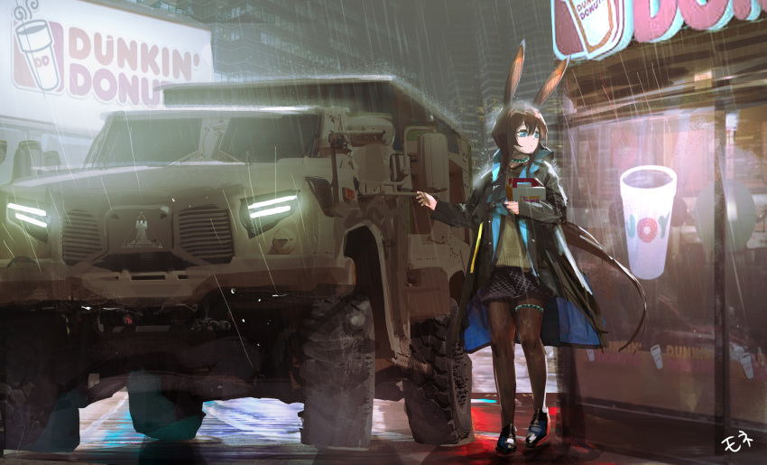 1girl absurdres ad amiya_(arknights) animal_ears arknights bangs black_jacket blue_eyes brown_hair building bunny_ears car city cityscape commentary_request dunkin'_donuts expressionless full_body ground_vehicle hair_between_eyes highres holding jacket long_hair long_sleeves mo_ne motor_vehicle open_clothes open_jacket outdoors pantyhose ponytail shirt sidelocks skirt solo
