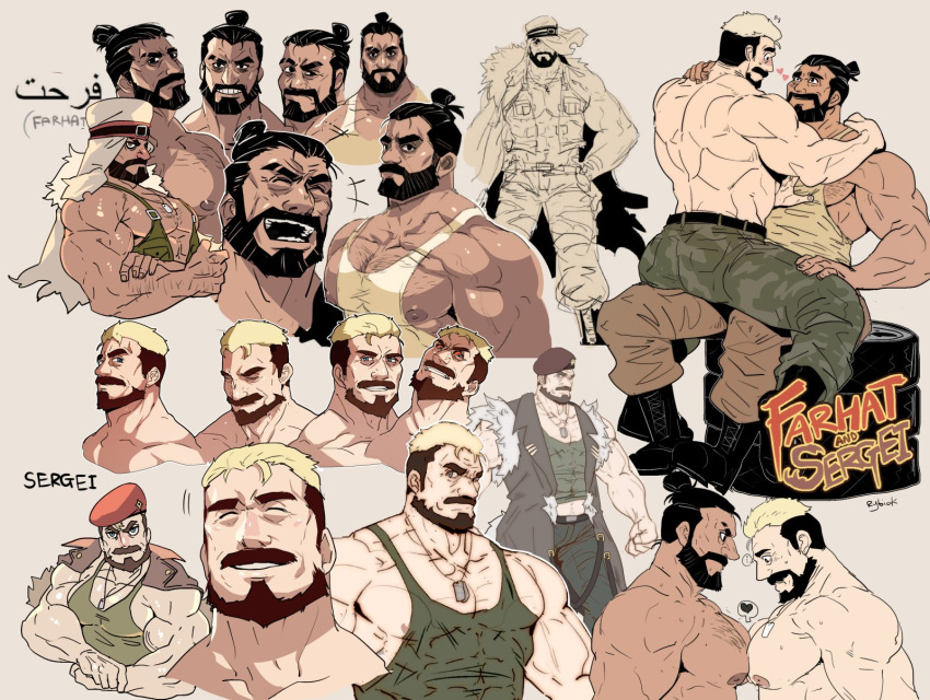 2boys abs arabic_text bara bare_chest beard blonde_hair boots brown_hair bulge character_name chest collage couple expressions eye_contact facial_hair flexing green_tank_top hat heart highres jacket jacket_on_shoulders looking_at_another male_focus manly midriff_peek military_hat multicolored_hair multiple_boys multiple_views muscle navel nipple_slip nipples on_person original pectoral_docking pose rybiokaoru short_hair sitting sitting_on_person tank_top thick_thighs thighs tied_hair two-tone_hair white_tank_top yaoi