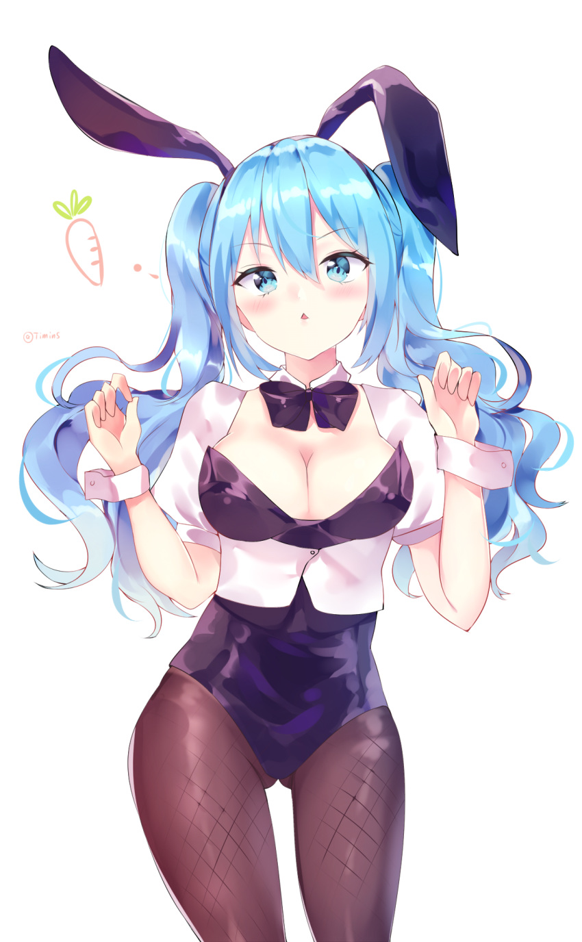 1girl animal_ears aqua_eyes aqua_hair arms_up blush bow bowtie breasts bunny_ears bunny_girl bunnysuit carrot cleavage collar covered_navel cowboy_shot fishnet_legwear fishnets hair_between_eyes hatsune_miku highres long_hair looking_back medium_breasts open_mouth pantyhose sidelocks solo timins twintails vocaloid white_background wrist_cuffs