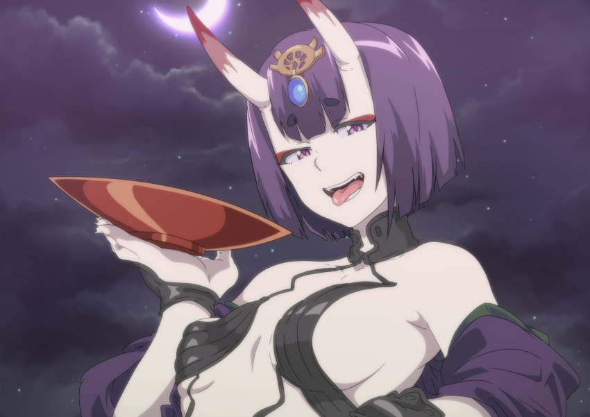 1girl anime_coloring bangs black_choker bob_cut breasts choker cloud cup eyebrows_visible_through_hair eyeshadow fate/grand_order fate_(series) headpiece highres horns japanese_clothes kimono kizuki_rei looking_at_viewer makeup medium_breasts night oni oni_horns open_clothes open_kimono open_mouth purple_eyes purple_hair purple_kimono revealing_clothes sakazuki short_eyebrows short_hair shuten_douji_(fate/grand_order) skin-covered_horns sky solo star_(sky) tongue tongue_out