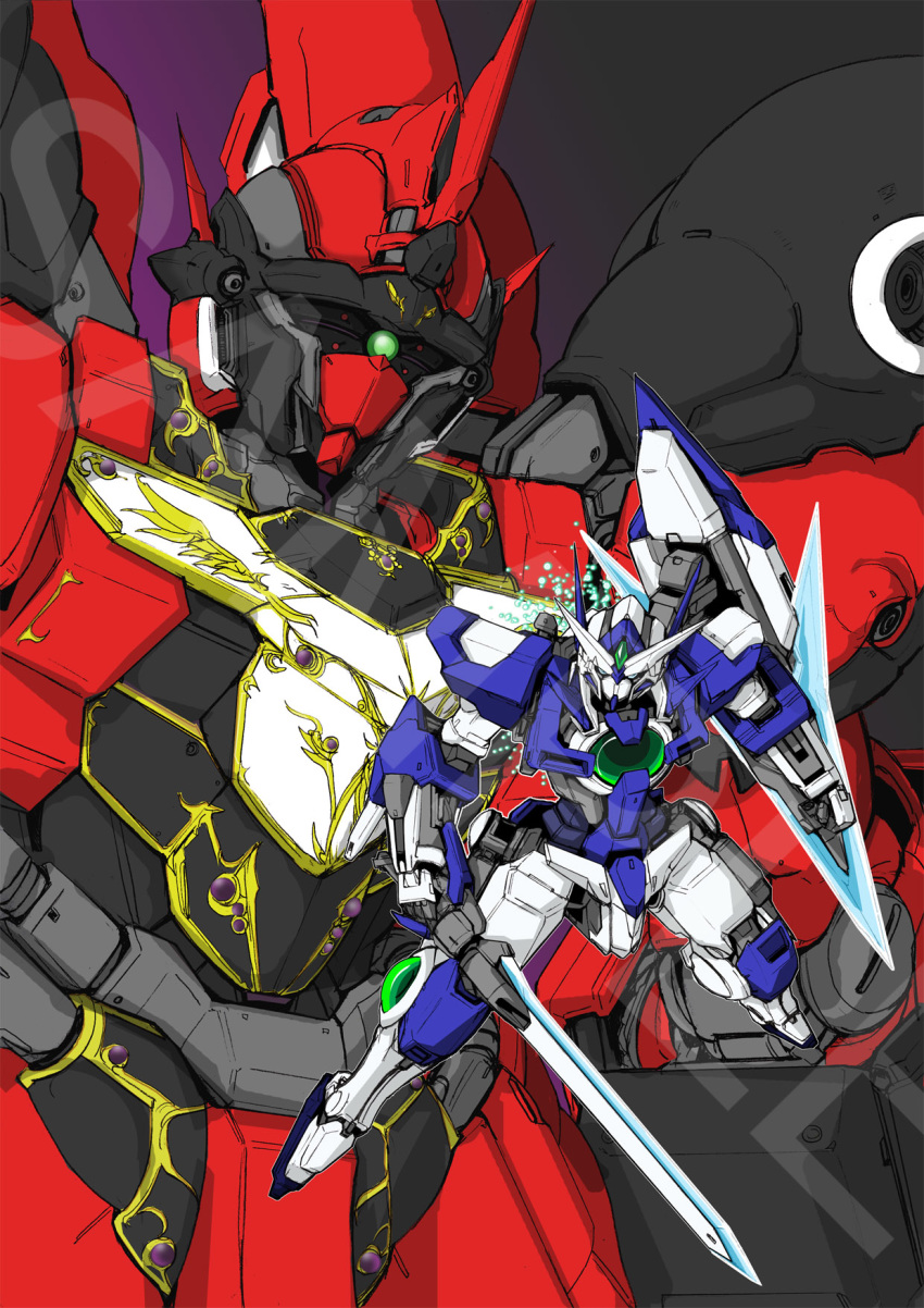 00_qan[t] close-up floating green_eyes gundam gundam_00 gundam_build_fighters gundam_exia gundam_unicorn highres holding holding_sword holding_weapon kuzutetsu mecha no_humans one-eyed redesign sample sinanju sword v-fin watermark weapon