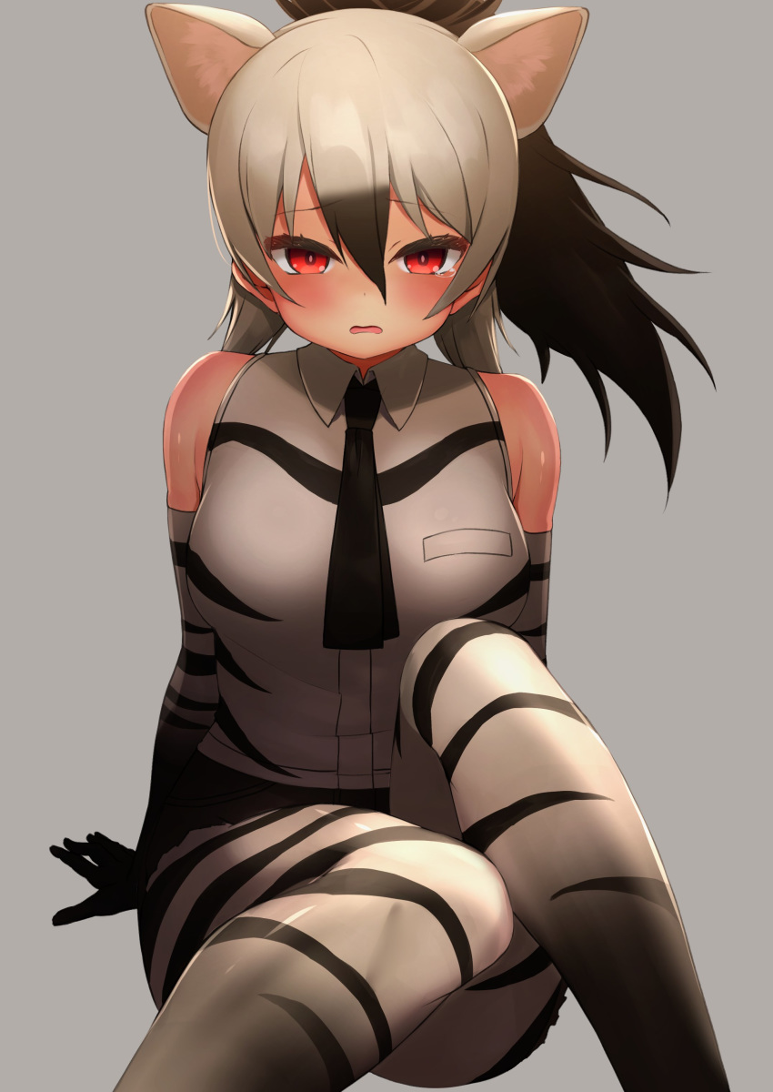 1girl aardwolf_(kemono_friends) aardwolf_ears aardwolf_print absurdres bangs bare_shoulders black_hair black_neckwear black_shorts commentary_request deku_suke elbow_gloves eyebrows_visible_through_hair gloves grey_background hair_between_eyes highres kemono_friends legwear_under_shorts long_hair looking_at_viewer multicolored_hair necktie open_mouth pantyhose ponytail print_gloves print_legwear print_shirt red_eyes shirt short_shorts shorts simple_background sitting sleeveless sleeveless_shirt solo tearing_up two-tone_hair white_hair