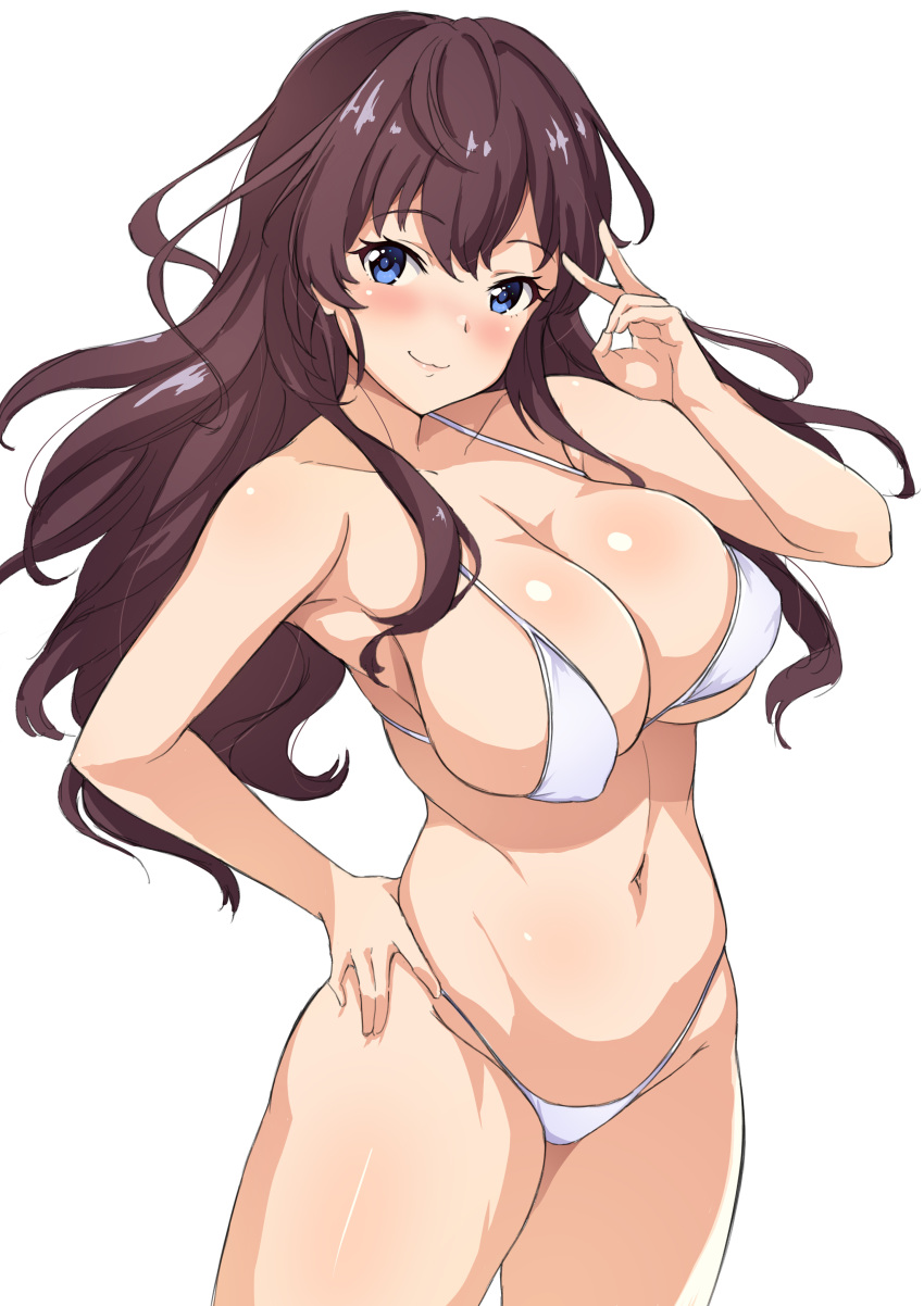 1girl :3 absurdres arm_up bangs bare_arms bare_shoulders bikini blue_eyes blush breasts brown_hair cleavage closed_mouth collarbone commentary_request covered_nipples cowboy_shot eyebrows_visible_through_hair groin halter_top halterneck hand_on_hip highres ichinose_shiki idolmaster idolmaster_cinderella_girls large_breasts long_hair looking_at_viewer micro_bikini nakasima-syouta navel simple_background smile solo standing stomach string_bikini swimsuit v wavy_hair white_background white_bikini