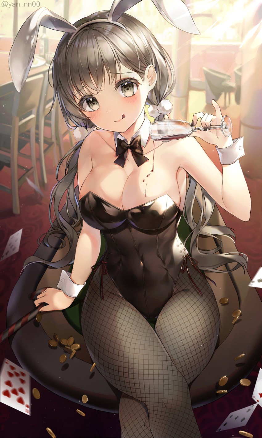 1girl absurdres animal_ears bangs bare_shoulders black_leotard blush bow bowtie breasts bunny_ears bunnysuit card cleavage collarbone detached_collar fake_animal_ears fishnet_legwear fishnets highres holding large_breasts leotard long_hair looking_at_viewer meliyannn original pantyhose playing_card sitting smile solo strapless strapless_leotard tongue tongue_out twintails wrist_cuffs