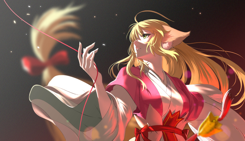 1girl animal_ear_fluff animal_ears bangs bell blonde_hair blurry bow breasts chinese_clothes depth_of_field fox_ears gou_d green_eyes hanfu highres holding huyao_xiao_hongniang light_particles long_hair long_sleeves looking_away looking_to_the_side looking_up low-tied_long_hair outstretched_arms red_bow robe sash sidelocks solo string string_of_fate tushan_susu upper_body very_long_hair wide_sleeves