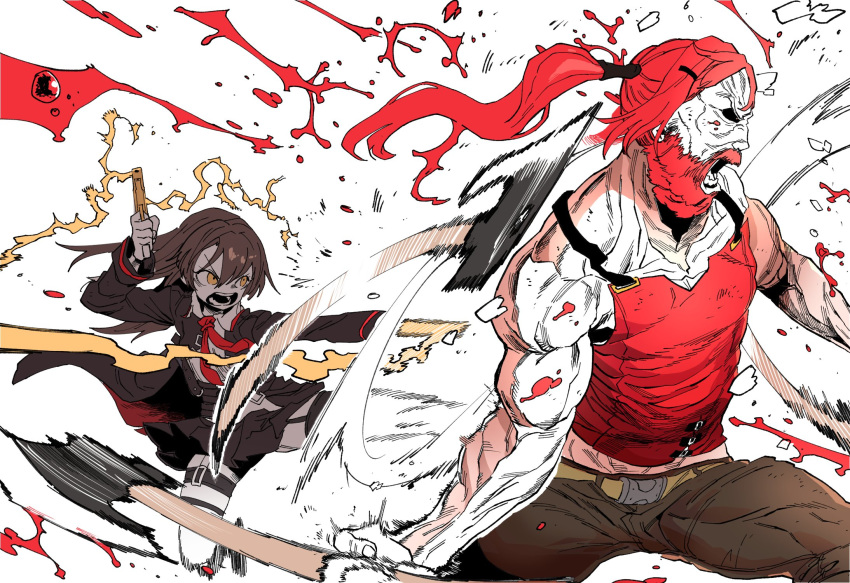 1boy 1girl axe beard belt black_coat blood brown_hair character_request coat collared_shirt facial_hair girls_frontline god_of_war highres holding holding_weapon kratos muscle necktie open_clothes open_coat open_mouth pants pleated_skirt red_hair red_neckwear red_shirt shirt skirt ssambatea twintails weapon white_shirt yellow_eyes