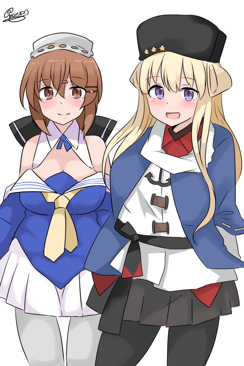 absurdres black_legwear blonde_hair breasts brown_eyes brown_hair cleavage cosplay costume_switch fletcher_(kantai_collection) fletcher_(kantai_collection)_(cosplay) headgear highres kantai_collection long_hair noruren papakha purple_eyes school_uniform serafuku tashkent_(kantai_collection) tashkent_(kantai_collection)_(cosplay) white_legwear