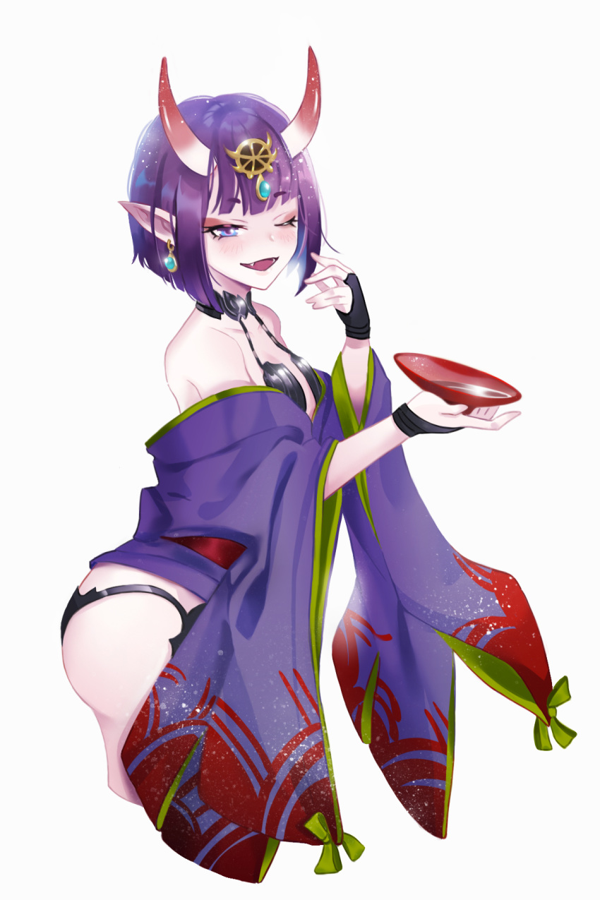 1girl alcohol bangs bare_shoulders blush bob_cut breasts bridal_gauntlets collarbone cup earrings eyeliner fang fate/grand_order fate_(series) headpiece highres horns japanese_clothes jewelry kimono long_sleeves looking_at_viewer makeup off_shoulder one_eye_closed oni oni_horns open_mouth pointy_ears purple_eyes purple_hair purple_kimono raicyou7 revealing_clothes sakazuki sake sash short_hair short_kimono shuten_douji_(fate/grand_order) simple_background skin-covered_horns small_breasts smile white_background wide_sleeves