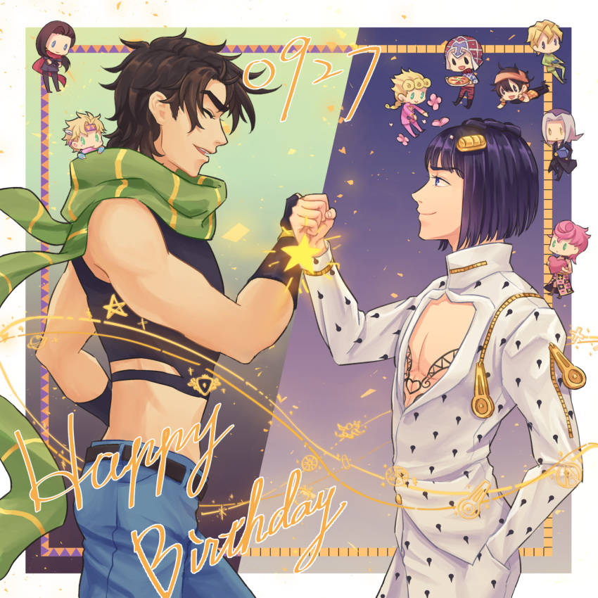 2girls 6+boys battle_tendency blue_eyes blue_pants bob_cut bruno_buccellati caesar_anthonio_zeppeli chest chest_tattoo closed_eyes closed_mouth facing_another fingerless_gloves flower fuyuo_(k807120) giorno_giovanna gloves guido_mista hair_ornament hairclip happy_birthday heart highres jojo_no_kimyou_na_bouken joseph_joestar_(young) leone_abbacchio lisa_lisa looking_at_another male_focus messy_hair miniboy minigirl multiple_boys multiple_girls narancia_ghirga open_mouth pannacotta_fugo pants scarf short_hair smile standing tattoo trish_una vento_aureo