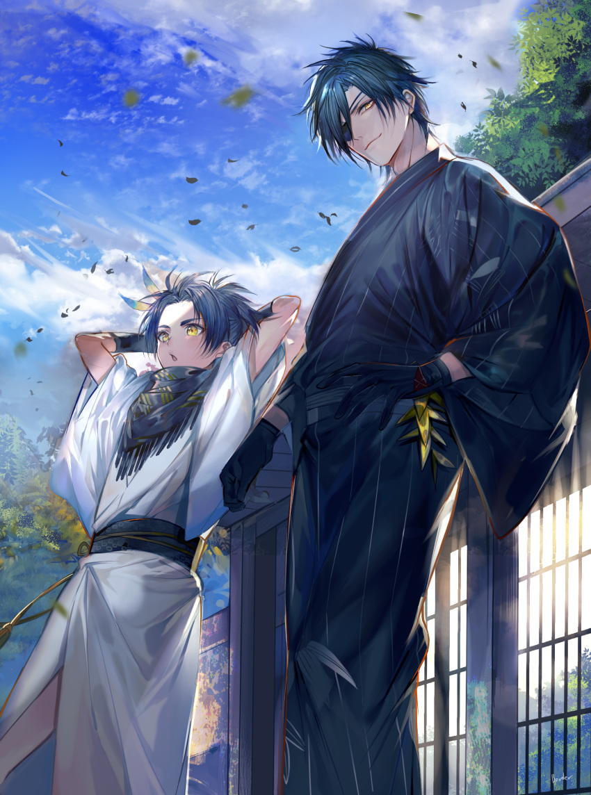 2boys absurdres architecture arms_behind_head black_gloves black_hair blue_hair blue_sky border0715 cloud east_asian_architecture eyepatch feathers from_below gloves hair_feathers hand_on_hip highres japanese_clothes kimono leaf male_focus multiple_boys scarf shokudaikiri_mitsutada sky smile taikogane_sadamune touken_ranbu tree yellow_eyes yukata