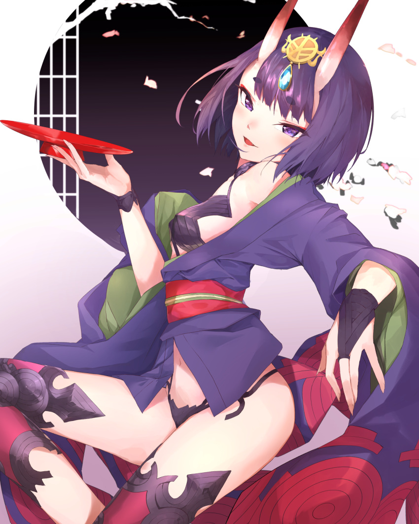 1girl ankoro_mochi bangs bare_shoulders blush bob_cut breasts bridal_gauntlets cup eyeliner fate/grand_order fate_(series) headpiece highres horns japanese_clothes kimono long_sleeves looking_at_viewer makeup navel obi off_shoulder oni oni_horns open_mouth parted_lips petals purple_eyes purple_hair purple_kimono revealing_clothes sakazuki sash short_hair short_kimono shuten_douji_(fate/grand_order) skin-covered_horns small_breasts smile thighs wide_sleeves