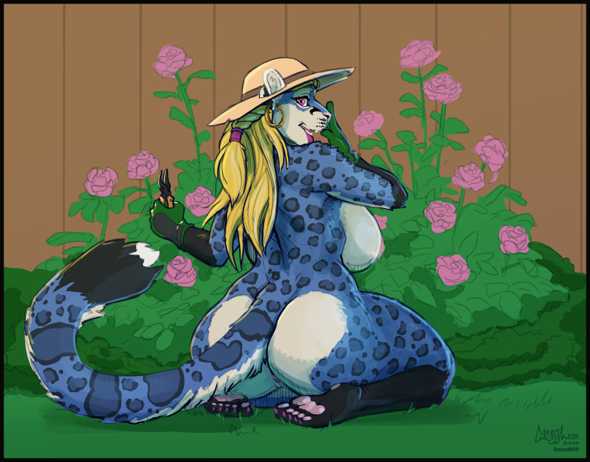 absurd_res anthro barely_visible_genitalia barely_visible_pussy big_breasts big_butt blonde_hair blue_body blue_fur breasts butt clothing detailed_background ear_piercing ear_ring felid female flower fur genitals greasymojo hair hat headgear headwear hi_res kneeling leopard looking_back mammal nipples pantherine piercing plant pussy rear_view rose_(flower) solo tiffany_valentine