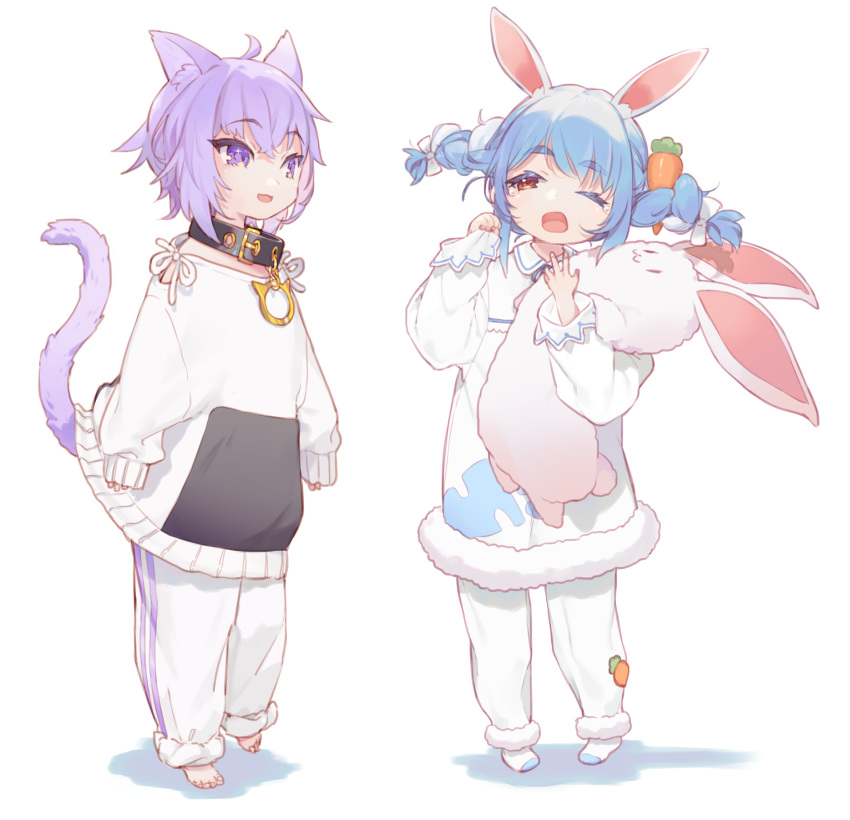 2girls :3 ;o adapted_costume ahoge amana_(pocketkey) animal_ear_fluff animal_ears arms_at_sides bangs barefoot blue_hair bow braid bunny_ears bunny_girl carrot_hair_ornament cat_ears cat_girl child clenched_hand collar commentary_request don-chan_(usada_pekora) food_themed_hair_ornament hair_bow hair_ornament hands_up highres hololive long_hair long_sleeves looking_at_viewer messy_hair multicolored_hair multiple_girls neck_ribbon nekomata_okayu no_shoes o-ring one_eye_closed open_mouth oversized_clothes pajamas pants pants_rolled_up pocket pullover purple_eyes purple_hair red_eyes ribbon shirt short_hair sidelocks simple_background sleepy sleeves_past_wrists socks standing stuffed_animal stuffed_bunny stuffed_toy tail tears twin_braids twintails two-tone_hair usada_pekora virtual_youtuber white_background white_bow white_footwear white_hair white_pants white_shirt yawning younger