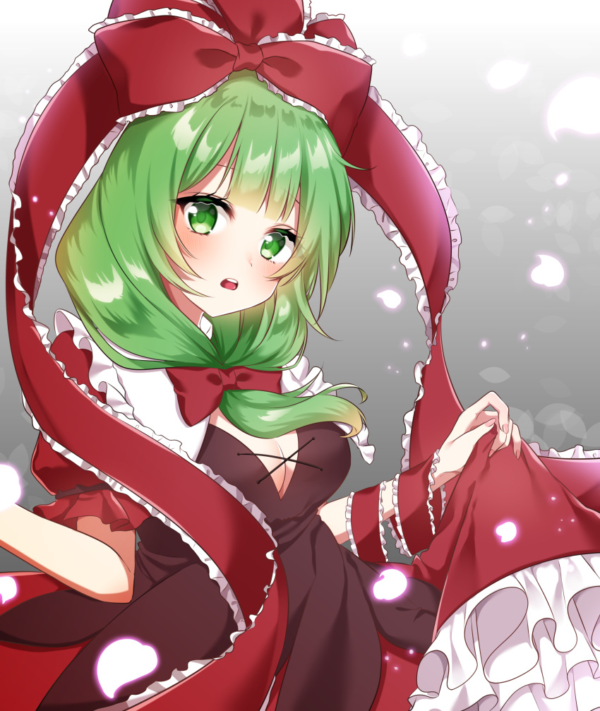 1girl absurdres blush bow breasts brown_dress cleavage dress eyelashes frilled_bow frilled_dress frilled_skirt frills front_ponytail gradient gradient_background green_eyes green_hair grey_background hair_bow highres kagiyama_hina lifted_by_self looking_at_viewer medium_breasts medium_hair open_mouth petals puffy_short_sleeves puffy_sleeves red_bow red_skirt shiki_(s1k1xxx) short_sleeves skirt skirt_lift touhou upper_body upper_teeth