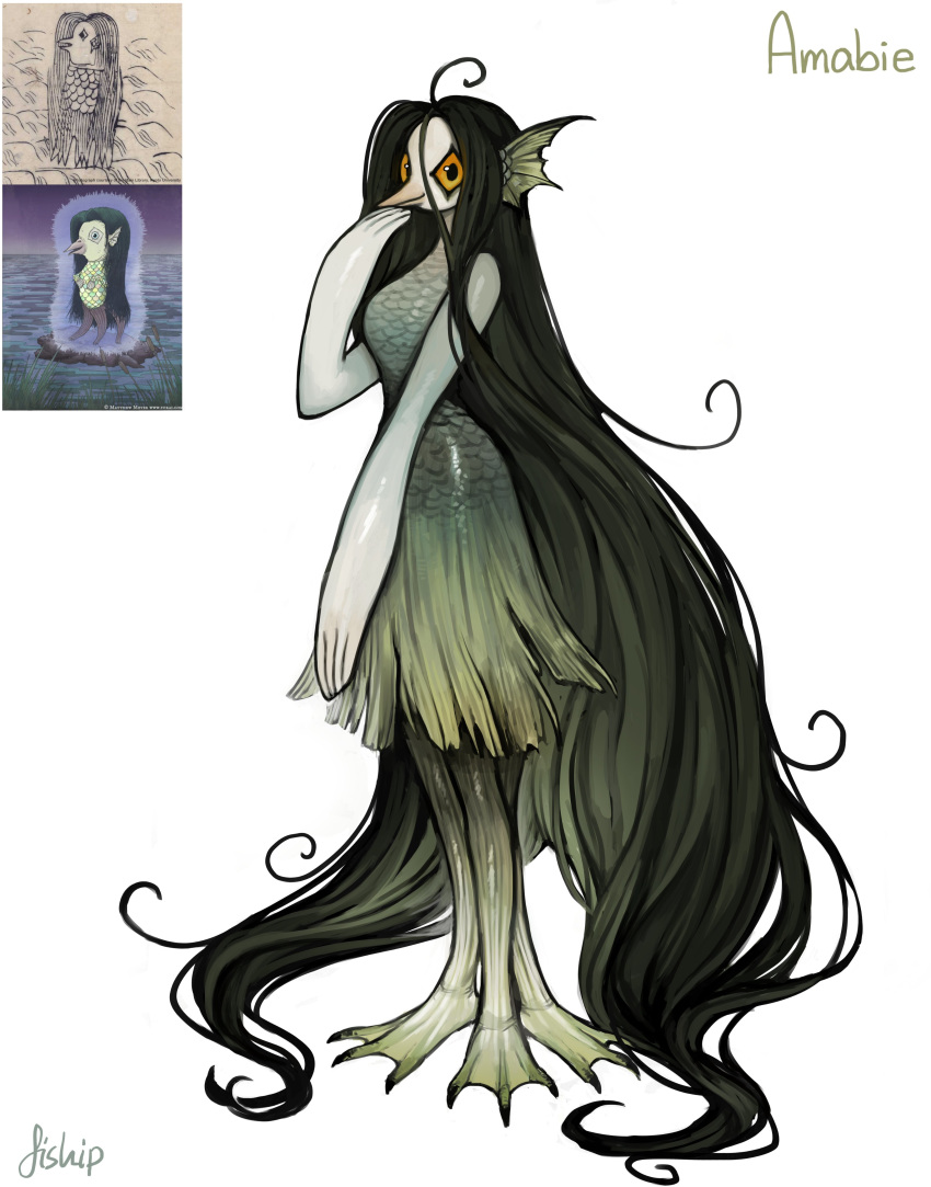 1girl absurdly_long_hair absurdres ahoge amabie artist_name artist_request bangs beak big_hair black_eyes commentary derivative_work dress english_commentary extra_legs fins full_body green_hair green_skin hand_to_own_mouth head_fins highres japanese_mythology long_hair looking_at_viewer matilda_fiship matthew_meyer monster_girl pale_skin parted_bangs reference_work scales shiny shiny_skin short_dress signature simple_background sleeveless sleeveless_dress solo standing very_long_hair watermark web_address webbed_feet white_background yellow_sclera youkai