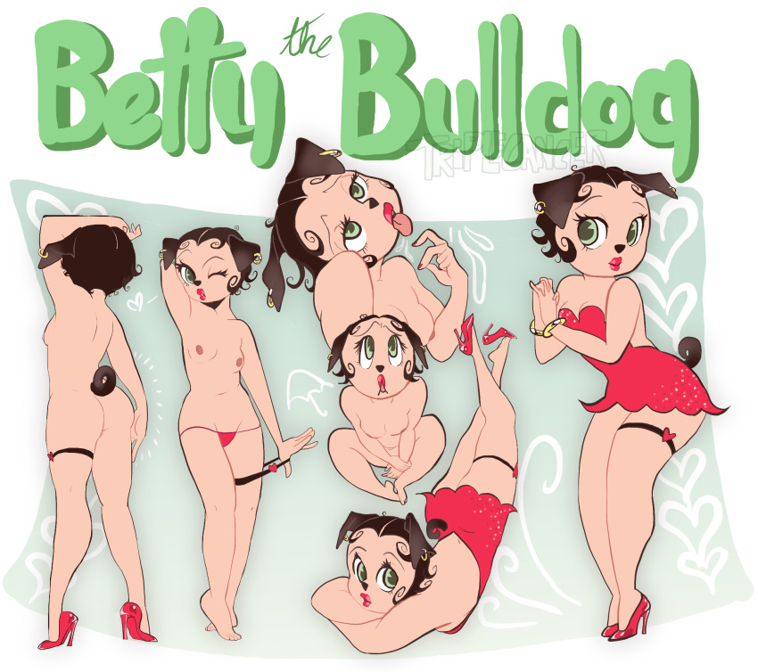 ahegao alternate_species anthro betty_boop betty_boop_(series) biped black_hair breasts bulldog butt canid canine canis clothed clothing curled_hair curled_tail digital_media_(artwork) domestic_dog dress ear_piercing ear_ring english_text female footwear garter_straps green_eyes hair half-closed_eyes hi_res high_heels legwear lingerie lipstick looking_at_viewer looking_pleasured makeup mammal mastiff molosser narrowed_eyes nipples nude open_mouth panties paramount_pictures piercing pouting sequin_dress shoes short_hair simple_background small_feet solo solo_focus stilettos text thick_thighs tongue tongue_out topwear triplecancer underwear