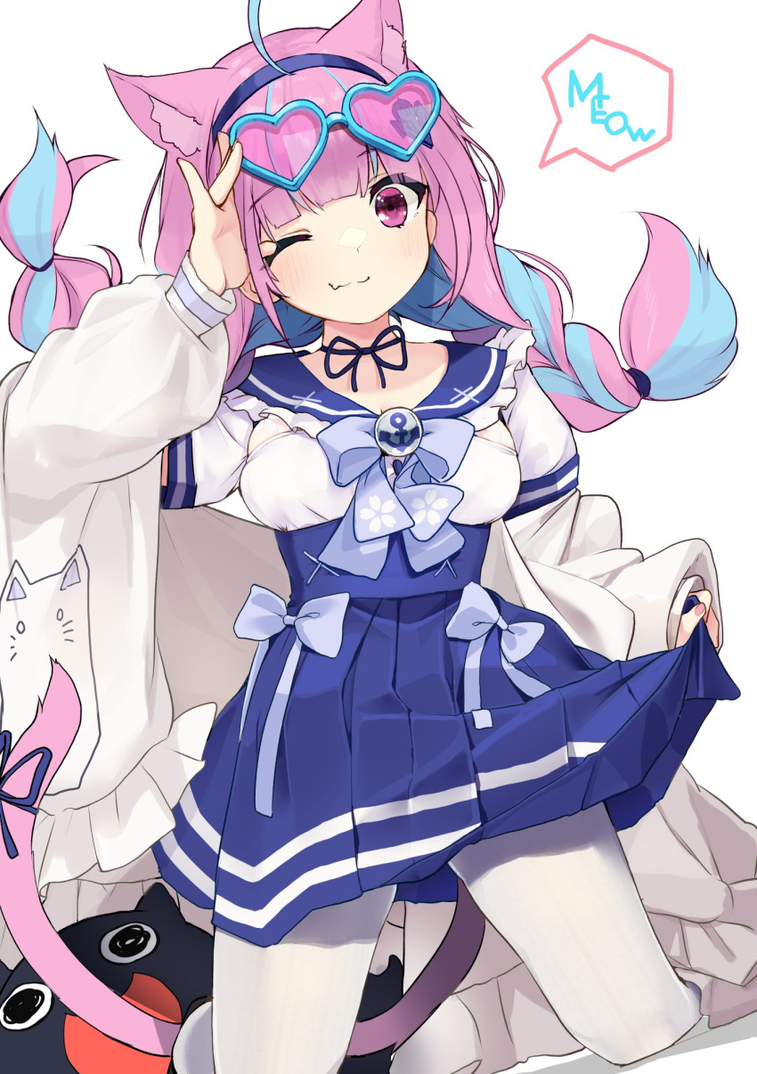 1girl alternate_costume alternate_hairstyle animal_ears blush breasts cat_ears cat_tail eyewear_on_head headband highres hololive minato_aqua multicolored_hair nejime one_eye_closed pantyhose purple_eyes simple_background solo tail virtual_youtuber white_background white_legwear