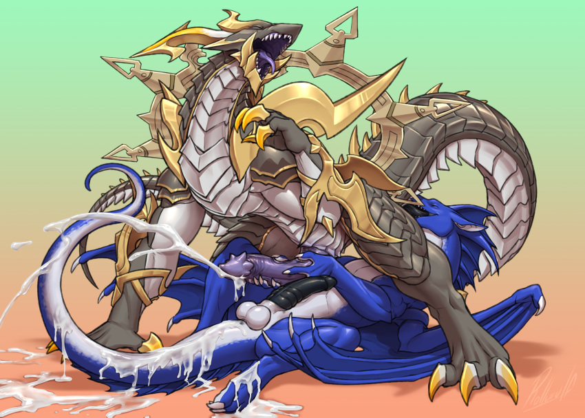 anal animal_genitalia balls bodily_fluids chronos_(dragalia_lost) claws cum cum_on_ground cum_on_tail cumshot dragalia_lost dragon duo ejaculation erection eyes_closed feral feral_on_feral firondraak genital_fluids genitals hand_on_penis hi_res horn male male/male membrane_(anatomy) membranous_wings open_mouth oral penis rimming rollwulf sex sheath simple_background slit tongue tongue_out wings