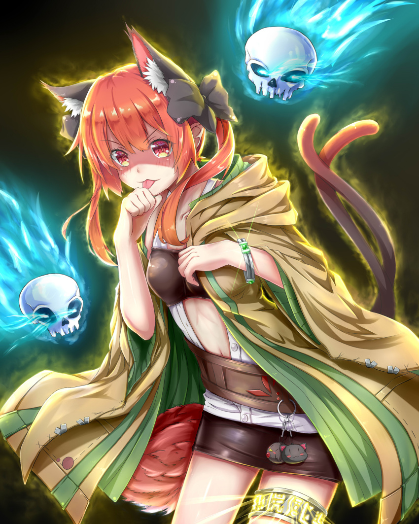 1girl absurdres animal_ear_fluff animal_ears belt bow bracelet breasts cat_ears cat_tail cosplay feng_ling_(fenglingwulukong) floating_skull glowing hair_bow highres hiita hiita_(cosplay) hood hood_down hooded_robe jewelry kaenbyou_rin multiple_tails open_clothes open_robe orange_eyes orange_hair pom_pom_(clothes) robe skirt solo tail thighlet tongue tongue_out touhou two_tails unbuttoned unbuttoned_shirt yuu-gi-ou