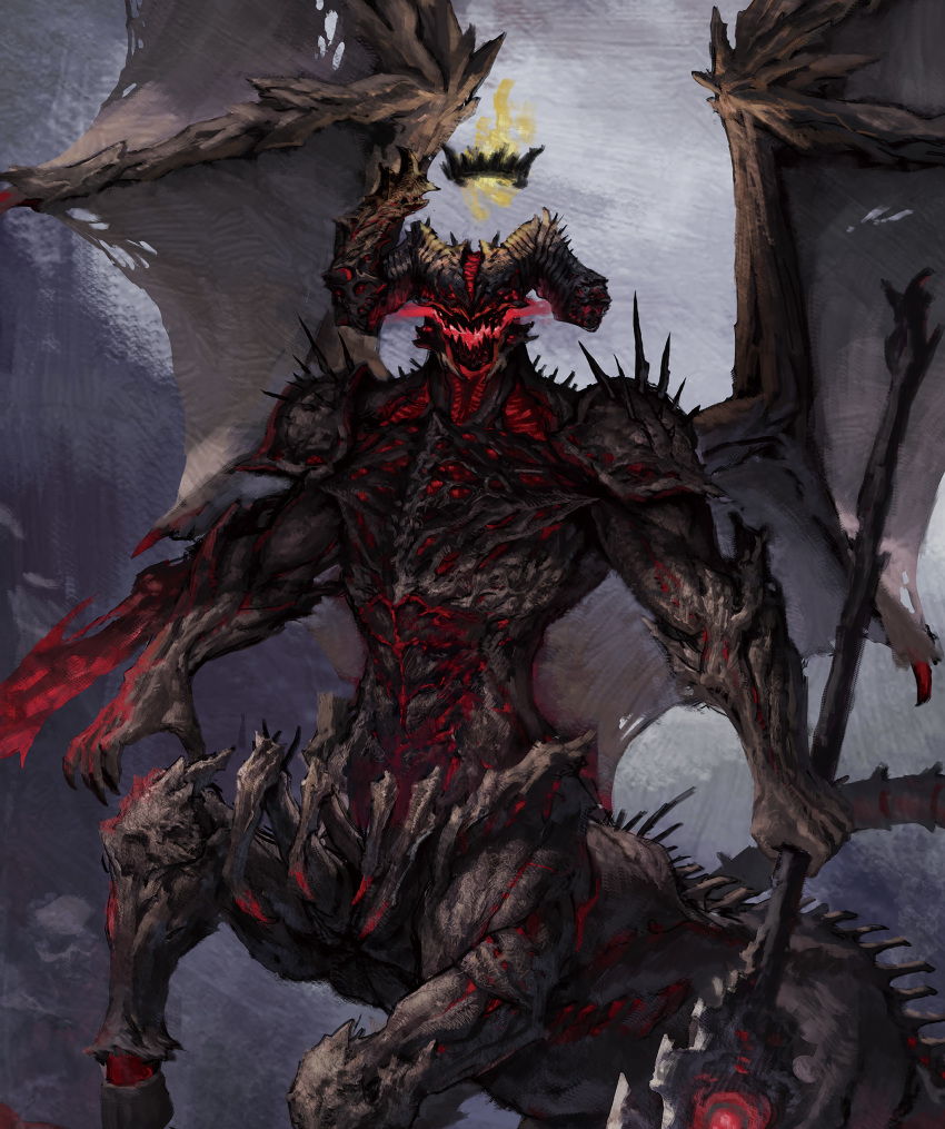 1boy absurdres armor beelzebub black_nails broken_horn cropped crown demon fantasy fingernails floating glowing highres holding holding_weapon horns jaehyeon_lee monster open_mouth original outdoors pauldrons sharp_fingernails sharp_teeth shoulder_armor skull spikes tail teeth torn torn_wings weapon wings