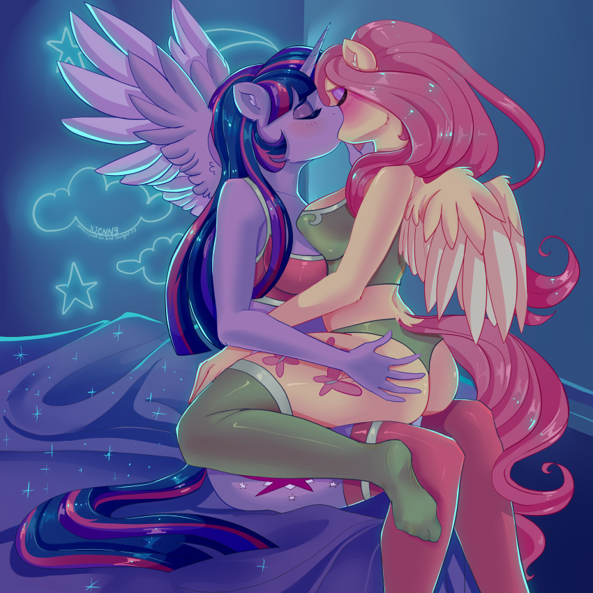 absurd_res anthro anthro_on_anthro anthrofied breast_squish breasts breasts_frottage butt clothing duo equid equine female female/female fluttershy_(mlp) friendship_is_magic hair hand_on_butt hasbro hi_res horn kissing legwear mammal my_little_pony pegasus pink_hair purple_body squish thigh_highs twilight_sparkle_(mlp) winged_unicorn wings xjenn9 yellow_body