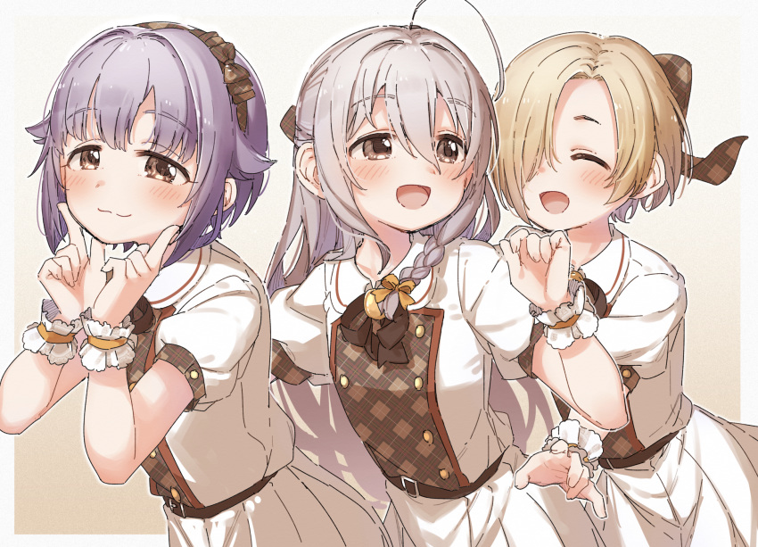 3girls :3 :d ^_^ bangs blush bow braid brown_bow brown_eyes brown_hair closed_eyes closed_mouth collared_shirt eyebrows_visible_through_hair grey_hair hair_between_eyes hair_bow hair_flaps hair_over_one_eye hands_up highres hoshi_shouko idolmaster idolmaster_cinderella_girls kawaii_boku_to_142's koshimizu_sachiko matching_outfit multiple_girls open_mouth orange_bow plaid plaid_bow pleated_skirt puffy_short_sleeves puffy_sleeves purple_hair shirasaka_koume shirt short_hair short_sleeves skirt smile white_shirt white_skirt wrist_cuffs yukie_(kusaka_shi)