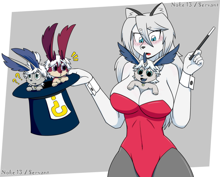 ? anthro between_breasts blush breasts domestic_cat felid feline felis female group hi_res lagomorph leporid magic magic_wand magician magician_assistant magician_hat male male/female mammal noke13 rabbit smile yume_(noke13)