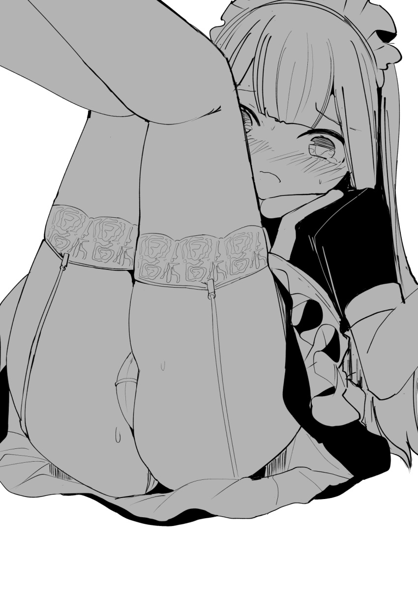 1girl apron ass blush cameltoe closed_mouth dress feet_out_of_frame frilled_apron frills garter_straps greyscale highres legs_up long_hair lying maid maid_headdress monochrome on_back original panties short_sleeves simple_background solo sweat thighhighs toy_box-r underwear very_long_hair waist_apron white_background