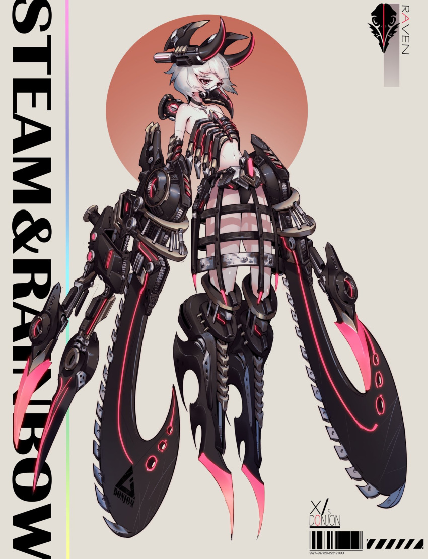 1girl barcode bare_shoulders bird_mask black_choker blade breasts choker cleavage cross donxxxs english_text glowing grey_hair half-closed_eyes high_heels highres horns mask mecha_musume mechanical mechanical_horns mouth_mask navel original purple_eyes scratches short_hair small_breasts solo weapon