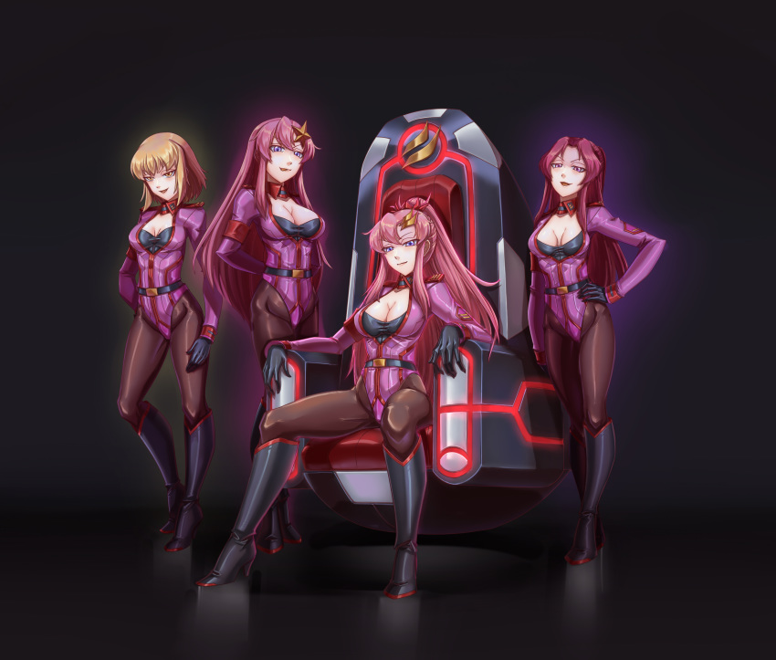 4girls absurdres blonde_hair blue_eyes bodysuit breasts brown_eyes cagalli_yula_athha chinese_commentary cleavage corruption dark_persona flay_allster gundam gundam_seed gundam_seed_destiny hand_on_hip highres lacus_clyne leebigtree licking_lips long_hair looking_at_viewer medium_breasts meer_campbell mixed-language_commentary multiple_girls pink_hair ponytail purple_eyes short_hair sitting smirk throne tongue tongue_out