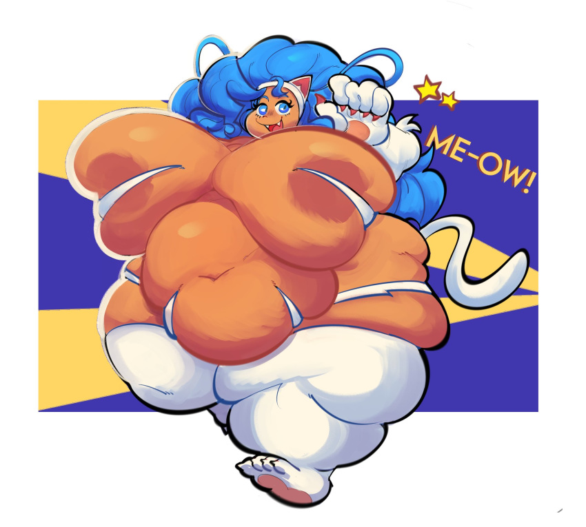 5_fingers animal_humanoid belly big_belly blue_eyes blue_hair boxmingle capcom cat_humanoid darkstalkers fangs felicia_(darkstalkers) felid felid_humanoid feline feline_humanoid female fingers hair hi_res humanoid long_hair looking_at_viewer mammal mammal_humanoid obese obese_female obese_humanoid open_mouth overweight overweight_female overweight_humanoid simple_background solo text video_games