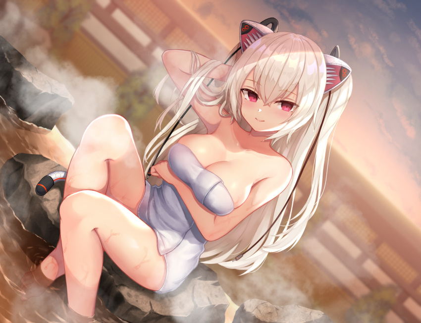 1girl animal_ears bangs bare_arms bare_shoulders barefoot breast_hold breasts cat_ears cleavage commentary_request dutch_angle eyebrows_visible_through_hair hair_between_eyes hand_in_hair large_breasts long_hair looking_at_viewer naked_towel nora_cat nora_cat_channel onsen red_eyes silver_hair smile soaking_feet solo thighs towel very_long_hair wowoguni