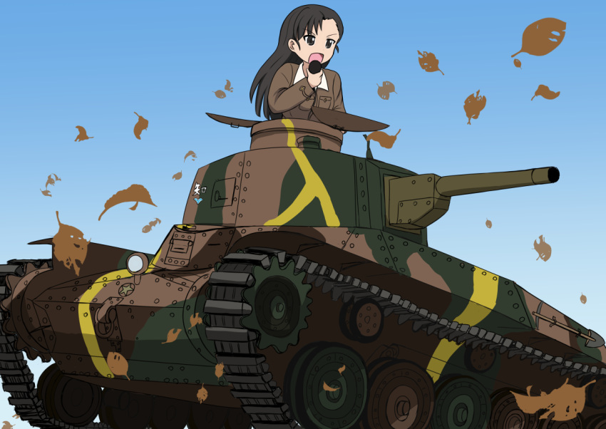 1girl black_eyes black_hair breasts caterpillar_tracks chi-hatan_(emblem) chi-hatan_military_uniform commentary_request day emblem girls_und_panzer ground_vehicle leaf military military_vehicle motor_vehicle nishi_kinuyo pzmark_hobby sky tank type_97_chi-ha