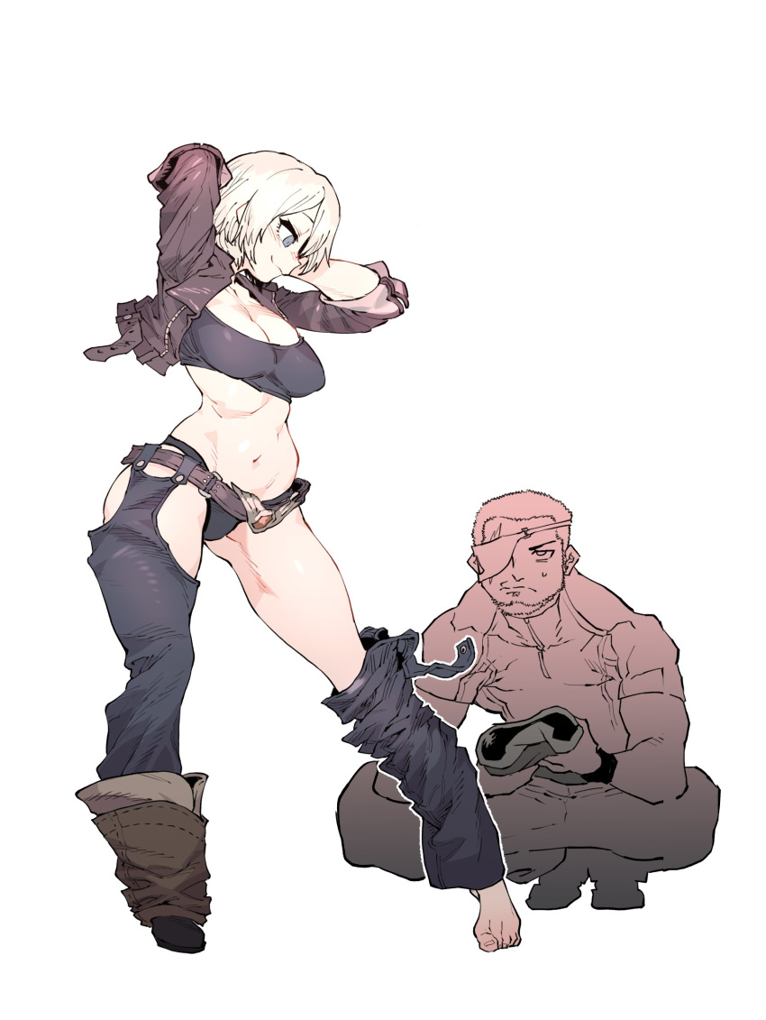 1boy 1girl angel_(kof) arms_behind_head barefoot belt blonde_hair blush bra breasts brown_jacket character_request cleavage closed_mouth contrapposto copyright_request cropped_jacket detached_pants grey_bra grey_eyes grey_panties hands_up highres jacket large_breasts leather leather_jacket navel open_clothes open_jacket panties pose shoes short_hair simple_background single_shoe smile snk_heroines:_tag_team_frenzy squatting ssambatea sweatdrop toenails underwear white_background