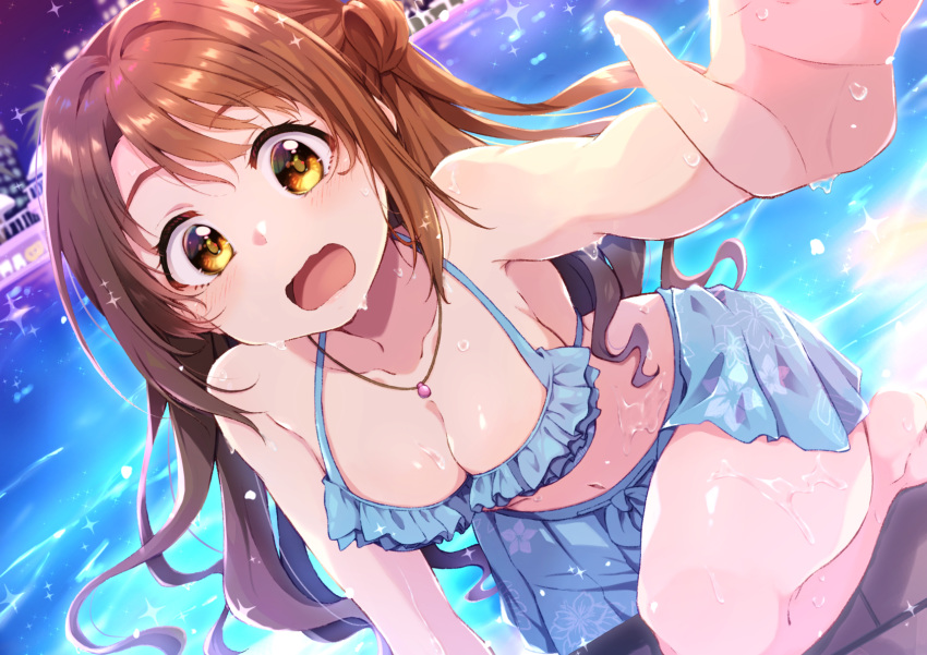 1girl bangs bare_arms bare_shoulders barefoot bikini bikini_skirt blue_bikini blush breasts brown_hair cleavage climbing collarbone commentary_request dutch_angle eyebrows_visible_through_hair feet_out_of_frame floral_print frilled_bikini frills hair_intakes halter_top halterneck hand_up highres idolmaster idolmaster_cinderella_girls jewelry long_hair looking_at_viewer medium_breasts navel necklace night omochi_(k-on1991) one_side_up open_mouth outdoors outstretched_arm pendant pool poolside print_bikini reaching_out shimamura_uzuki shiny shiny_hair sidelocks solo sparkle swimsuit water water_drop wavy_hair wavy_mouth wet wet_hair yellow_eyes