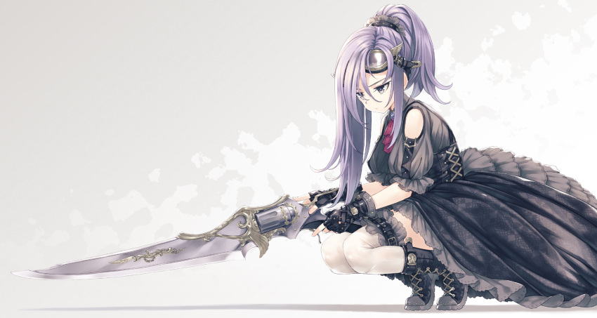 boots dress hirano_katsuyuki original purple_hair thighhighs weapon