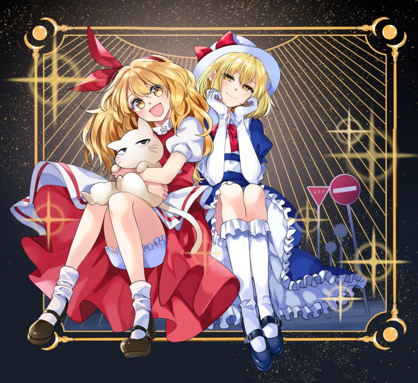 2girls animal apron black_footwear blonde_hair bloomers blue_dress bow brown_footwear cat closed_eyes dress elbow_gloves ellen eyebrows_visible_through_hair frilled_dress frills full_body gloves hair_ribbon hand_on_own_face happy highres holding holding_animal holding_cat kana_anaberal katayama_kei long_hair mary_janes multiple_girls open_mouth phantasmagoria_of_dim.dream puffy_short_sleeves puffy_sleeves red_bow red_dress red_ribbon ribbon road_sign shoes short_hair short_sleeves sign socks sokrates_(touhou) sparkle touhou touhou_(pc-98) underwear white_bloomers white_headwear white_legwear yellow_eyes