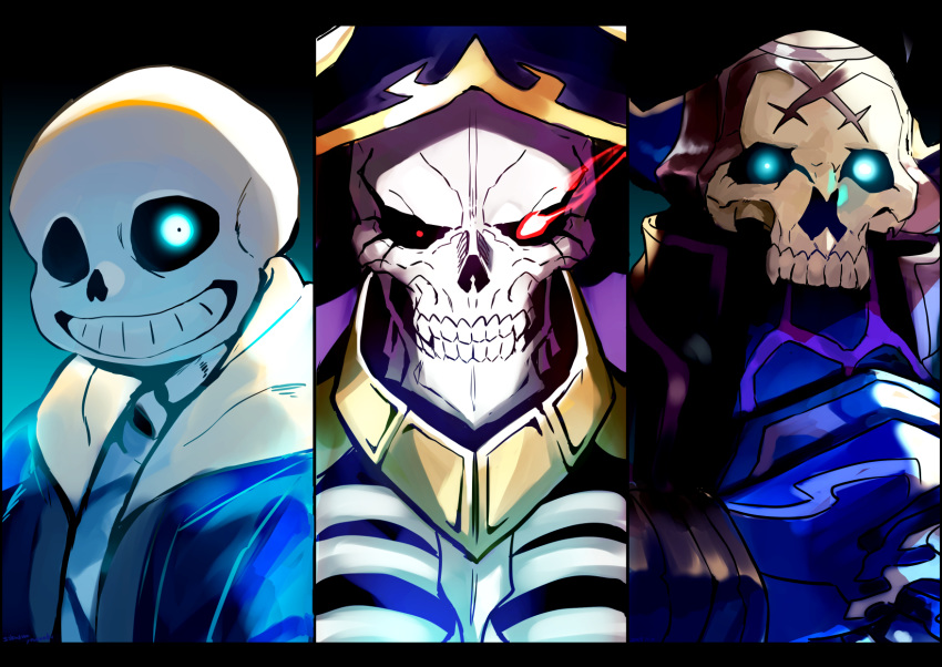 3boys ainz_ooal_gown armor blue_eyes bone cloak crossover fate/grand_order fate_(series) glowing glowing_eye glowing_eyes grin highres hood hoodie horns king_hassan_(fate/grand_order) looking_at_viewer multiple_boys open_mouth overlord_(maruyama) red_eyes ribs sakusan_yousoeki sans skeleton skull skull_mask smile spikes teeth undertale