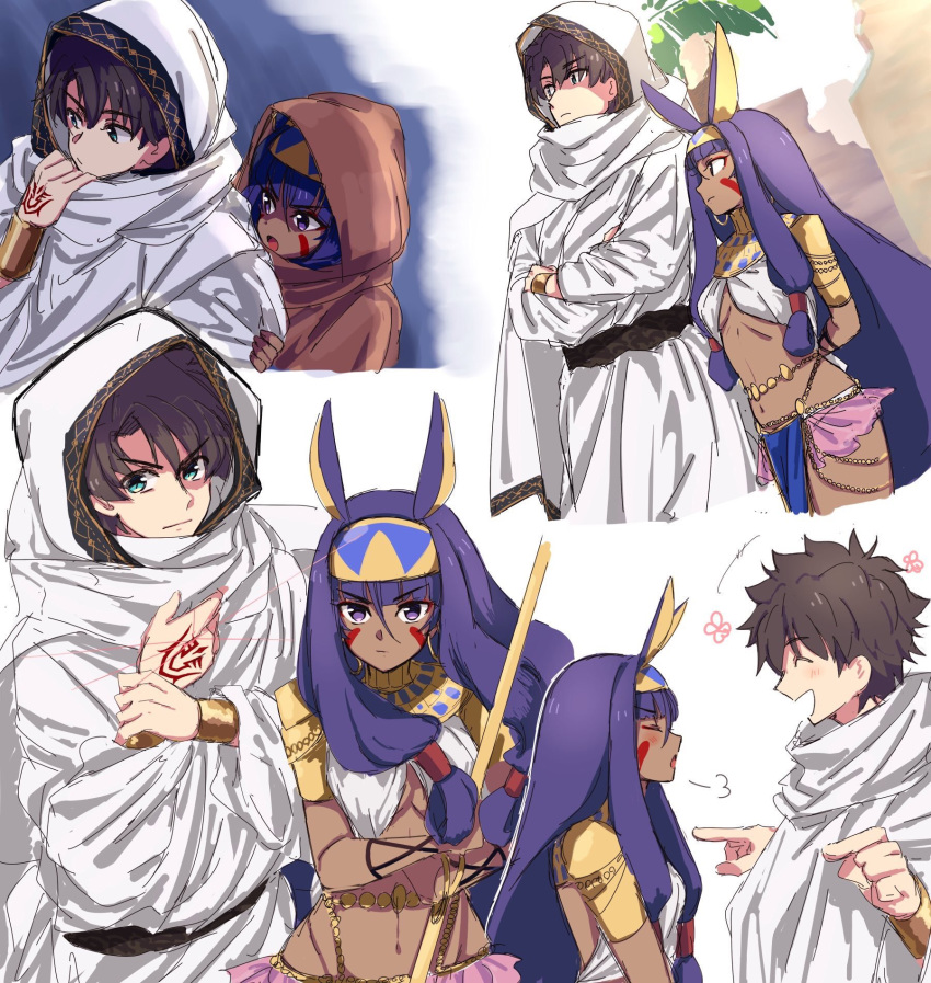 1boy 1girl animal_ears black_hair blue_eyes blush bracelet closed_eyes command_spell commentary_request dark_skin earrings egyptian egyptian_clothes facepaint facial_mark fate/grand_order fate_(series) fujimaru_ritsuka_(female) highres hooded_robe hoop_earrings jackal_ears jewelry laughing loincloth long_hair low-tied_long_hair midriff multiple_views navel nitocris_(fate/grand_order) nm222 purple_eyes purple_hair revealing_clothes very_long_hair