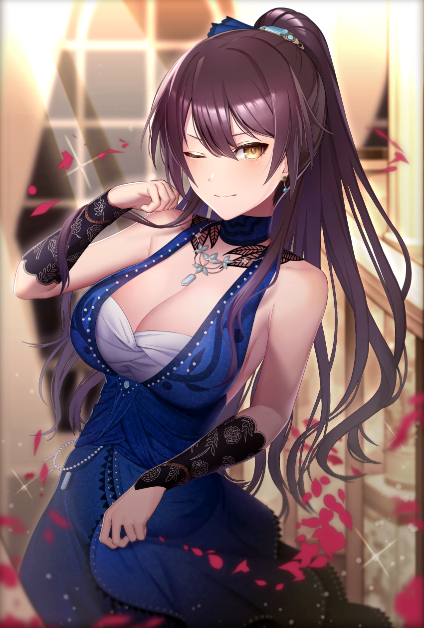 1girl ;) absurdres bangs blue_dress blush breasts choker cleavage collarbone detached_sleeves dress earrings gomibukurokarasu hair_between_eyes hair_ornament hand_up high_ponytail highres idolmaster idolmaster_shiny_colors jewelry lace_sleeves large_breasts long_hair looking_at_viewer necklace one_eye_closed petals ponytail purple_hair shirase_sakuya smile solo yellow_eyes