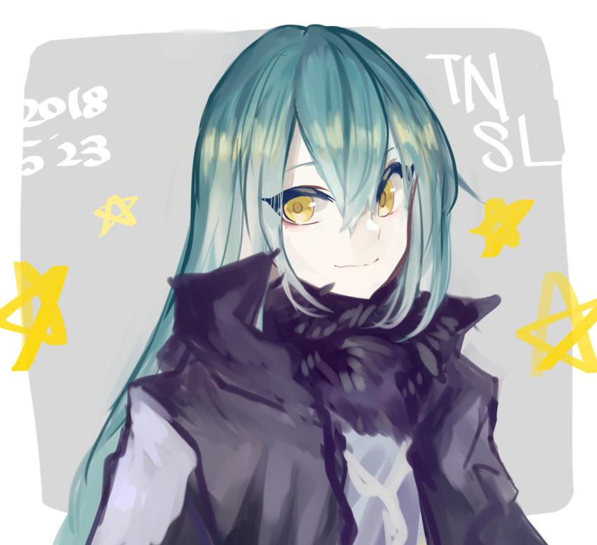 1other androgynous bangs blue_hair closed_mouth fur fur_collar fur_scarf fur_trim hair_between_eyes long_hair looking_at_viewer rimuru_tempest sakusan_yousoeki scarf simple_background smile solo star_(symbol) tensei_shitara_slime_datta_ken yellow_eyes