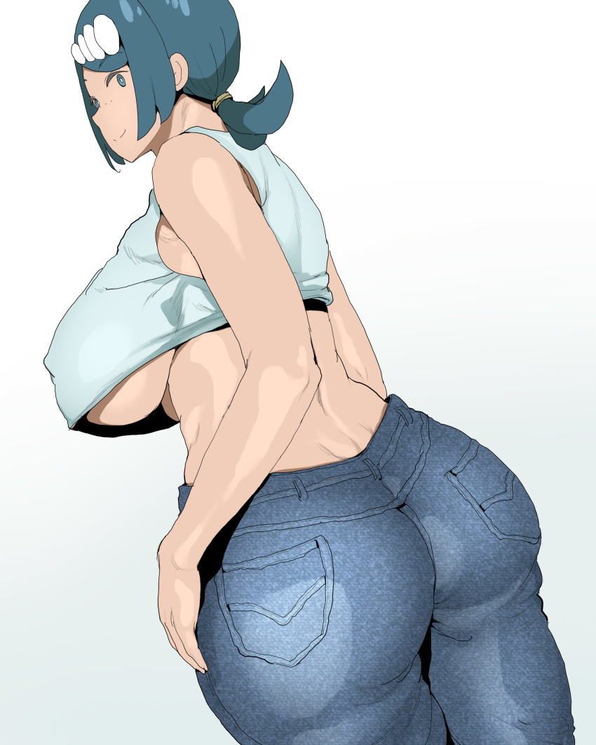 1girl absurdres ass blue_eyes blue_hair blue_pants breasts commentary_request denim from_behind highres jeans kedamono_kangoku-tou lana's_mother_(pokemon) large_breasts looking_at_viewer mature midriff pants pokemon pokemon_(anime) pokemon_sm_(anime) short_hair solo underboob