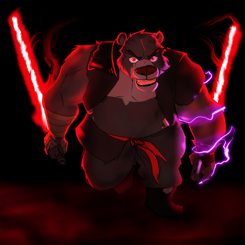 1:1 absurd_res allovic87 anthro clothing hi_res light lighting lightning lightsaber looking_at_viewer male mammal melee_weapon sith slightly_chubby smile solo star_wars torn_clothing ursid weapon