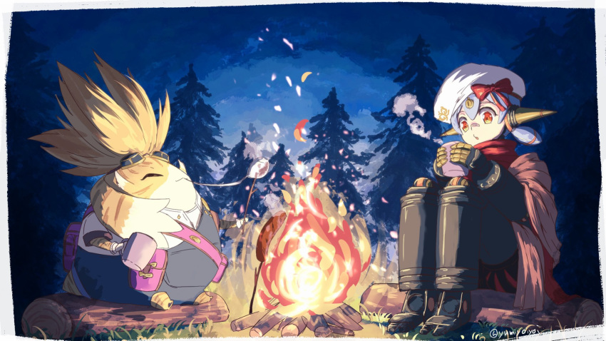 1boy 1girl android cup food forest goggles goggles_on_head hat highres holding holding_cup joints marshmallow mug nature night nopon orange_eyes outdoors poppi_(xenoblade) poppi_alpha_(xenoblade) purple_hair robot_joints sausage short_hair sitting_on_log tora_(xenoblade) twintails xenoblade_chronicles_(series) xenoblade_chronicles_2 yumiyoiyoi